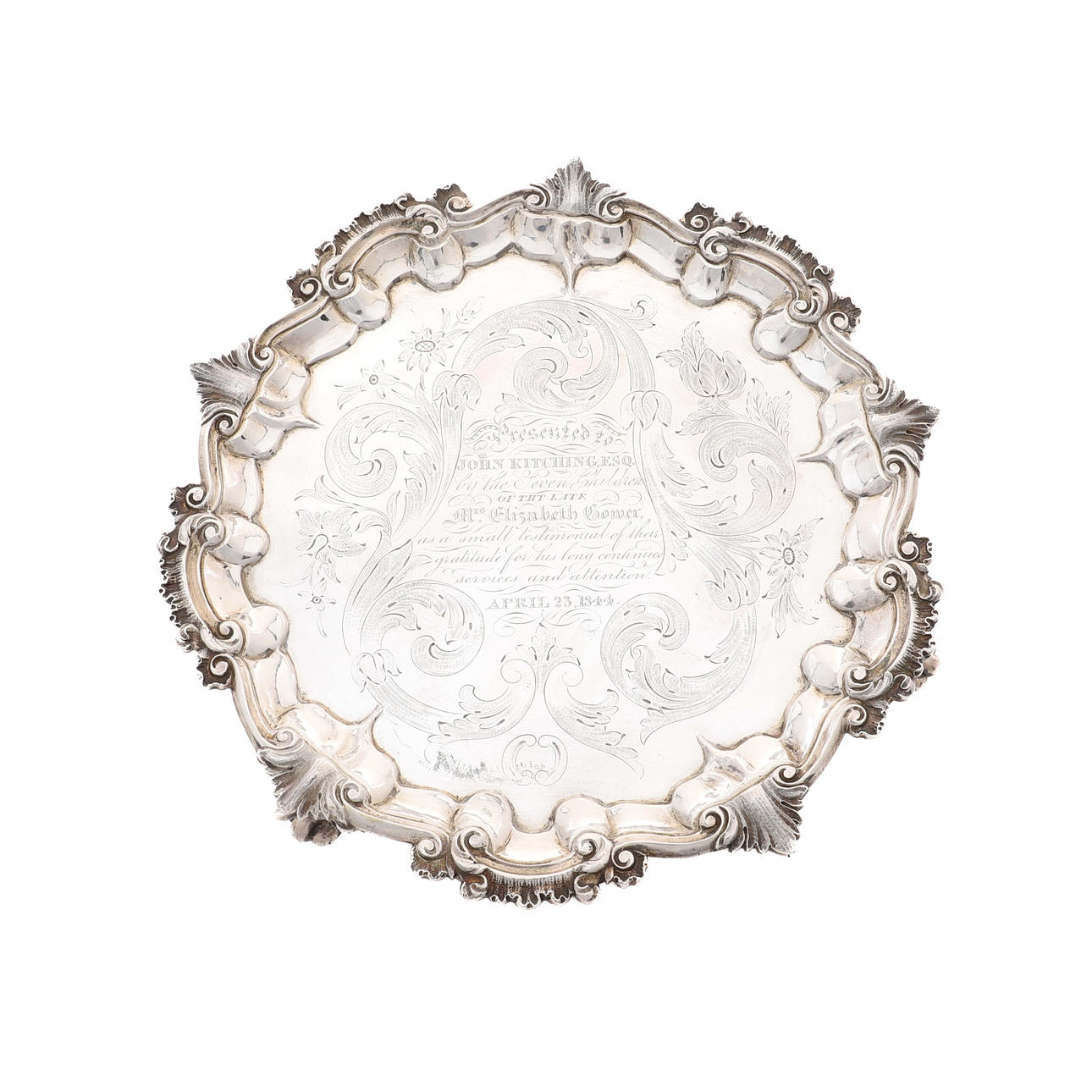 A VICTORIAN SILVER SHAPED CIRCULAR SALVER.