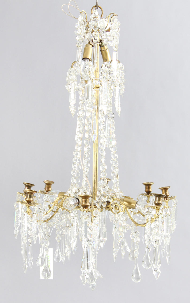 LJUSKRONA, mässingstomme med prismor. 1800-t slut.Höjd ca 90 cm.