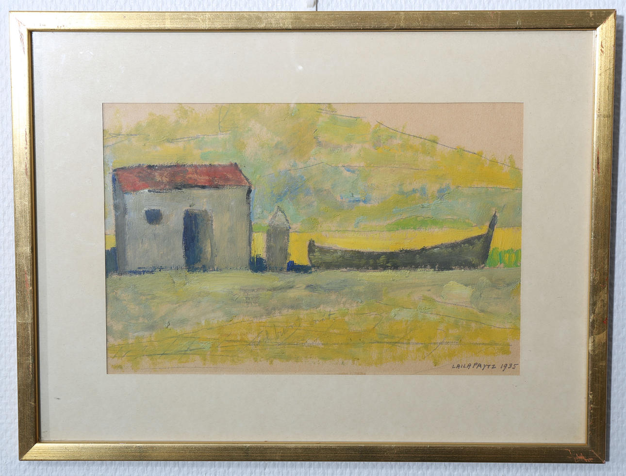 LAILA PRYTZ. Blandteknik på papper, Fiskebåt på land, signerad, daterad 1935.