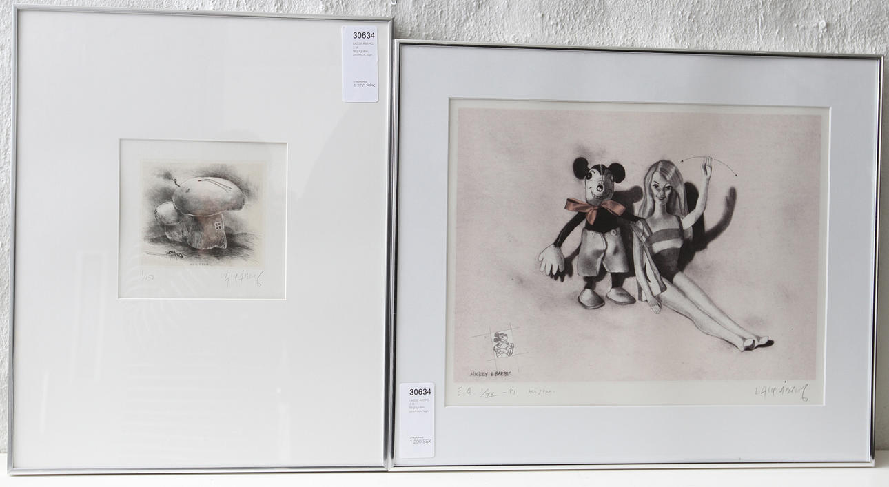 LASSE ÅBERG. 2 st, färglitgrafier, provtryck, sign.