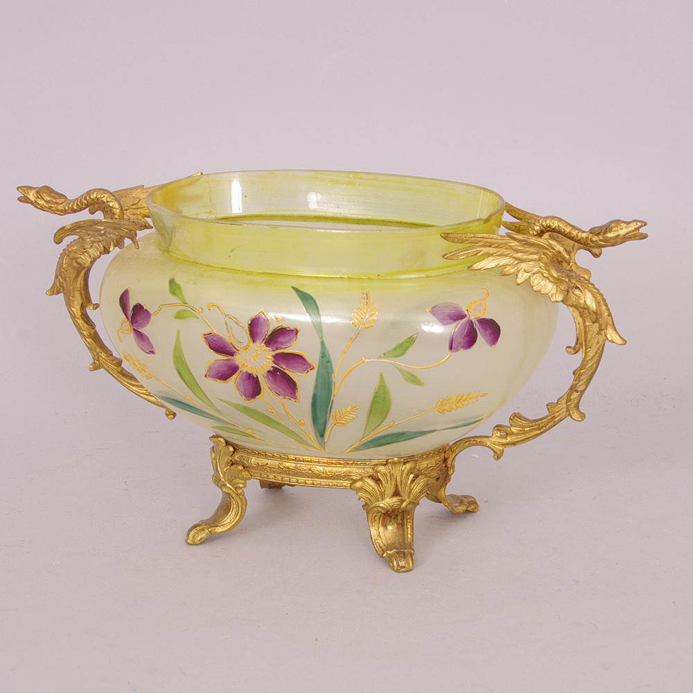 SKÅL, dekormålat glas/bronserad metall, sent 1800-tal.