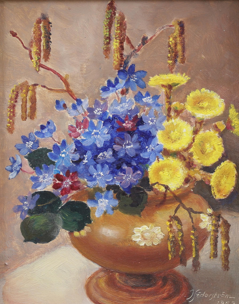 JOHN SÖDERSTRÖM. Flower still life, oil on Board, signed and dated 1953.