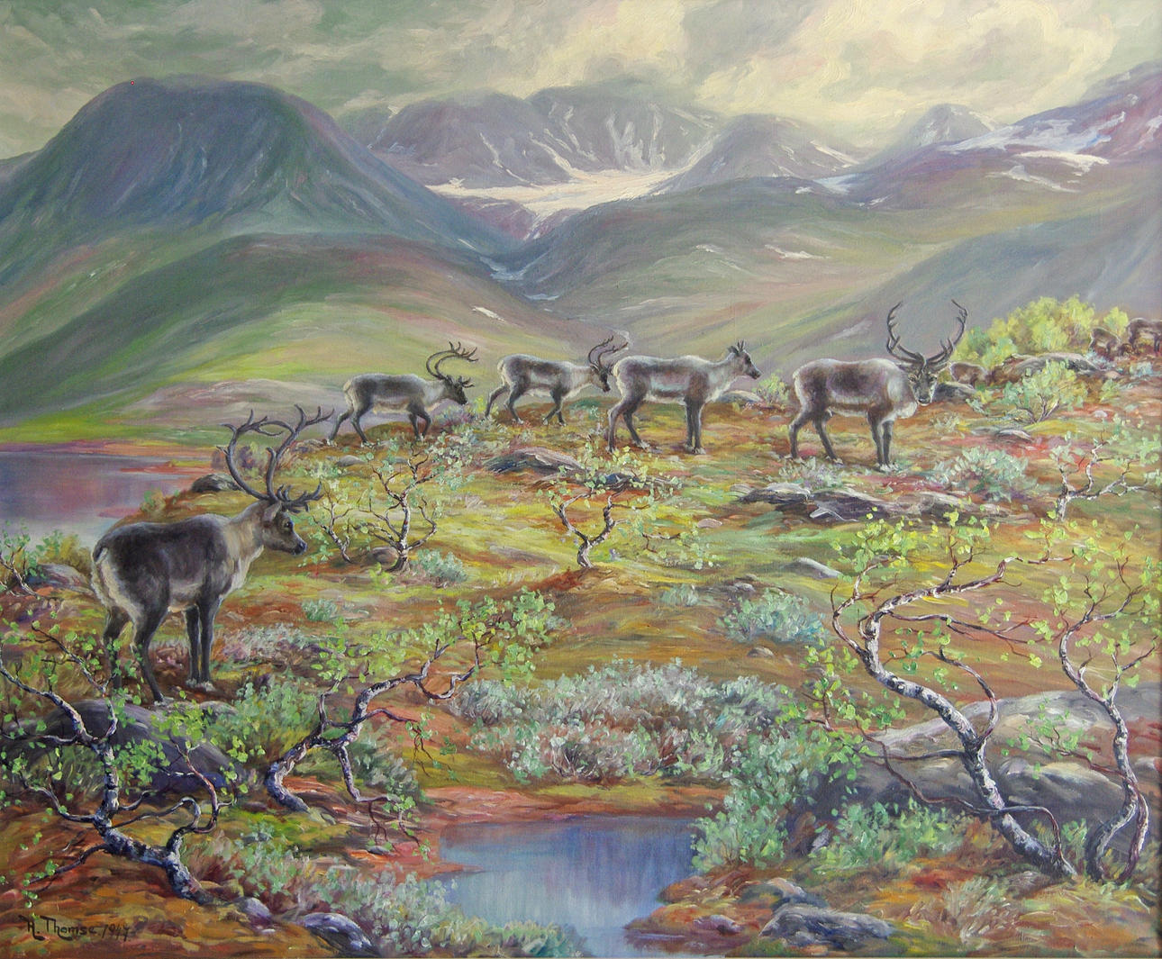 HARRY THOMSE. Renar i fjällandskap, olja på duk, signerad H. Thomse.