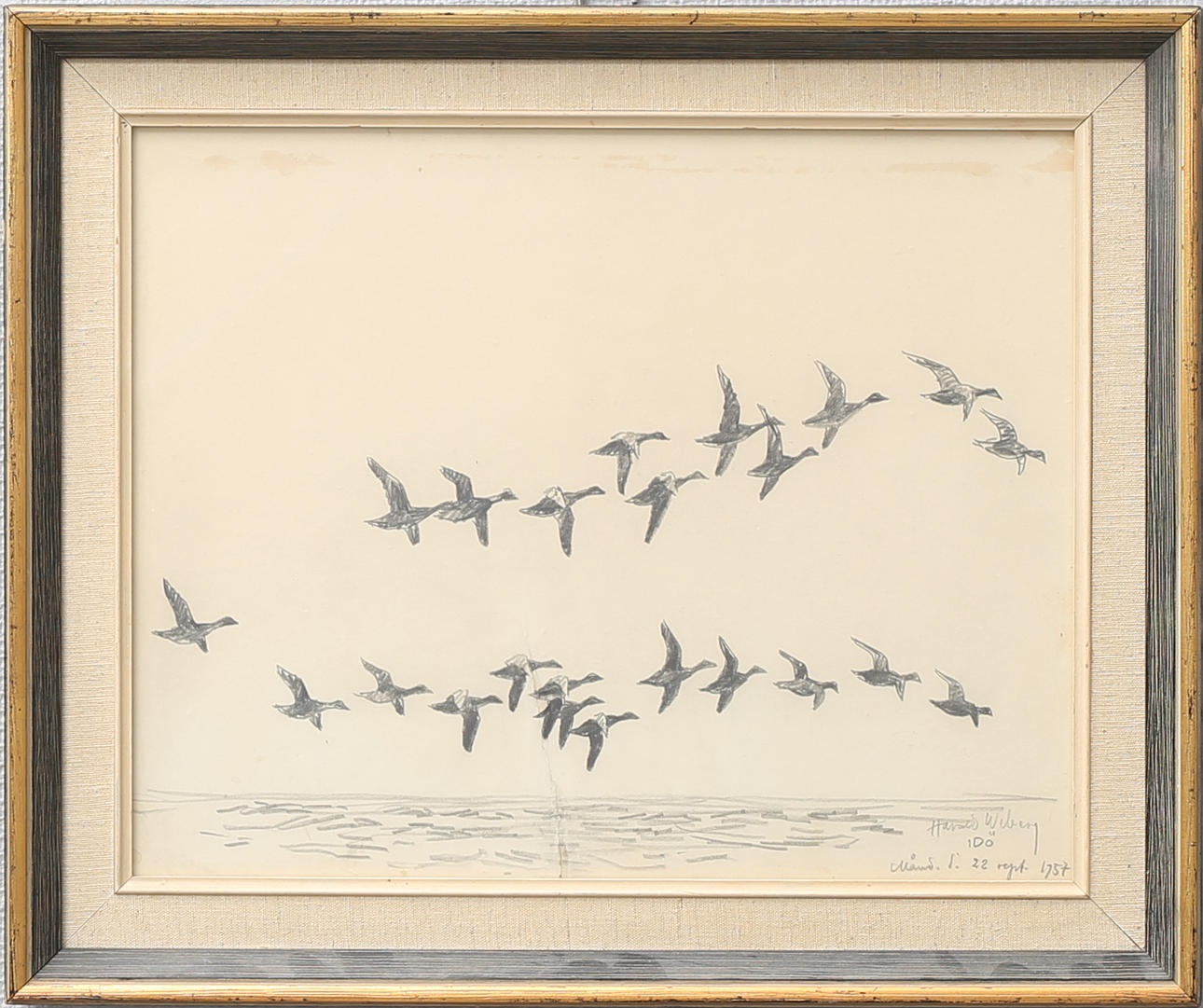 HARALD WIBERG. Fågelsträck, teckning, signerad, daterad 1957.