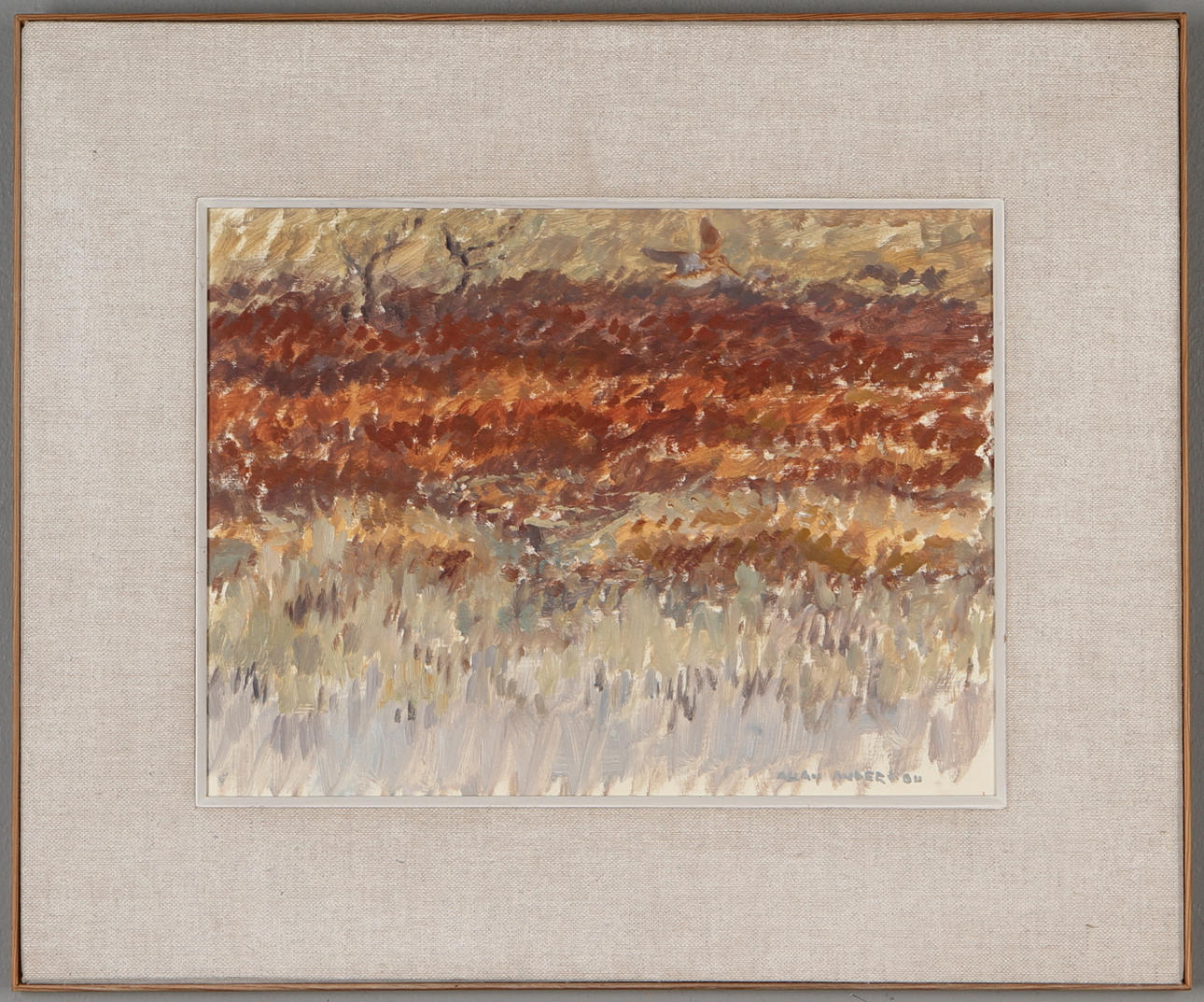 ALLAN ANDERSSON. Landskap med fågel, olja på pannå, signerad.