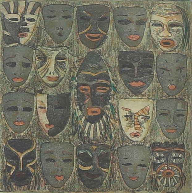 IRENE JARZ. "Masker II". Färglitografi, signerad, numrerad 3/100.