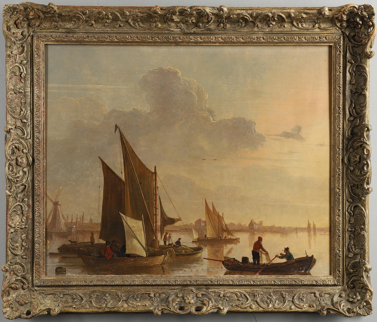 JAMES M. BURNET (1788-1816). FISHERFOLK AND BOATS ON CALM WATERS AT DUSK.