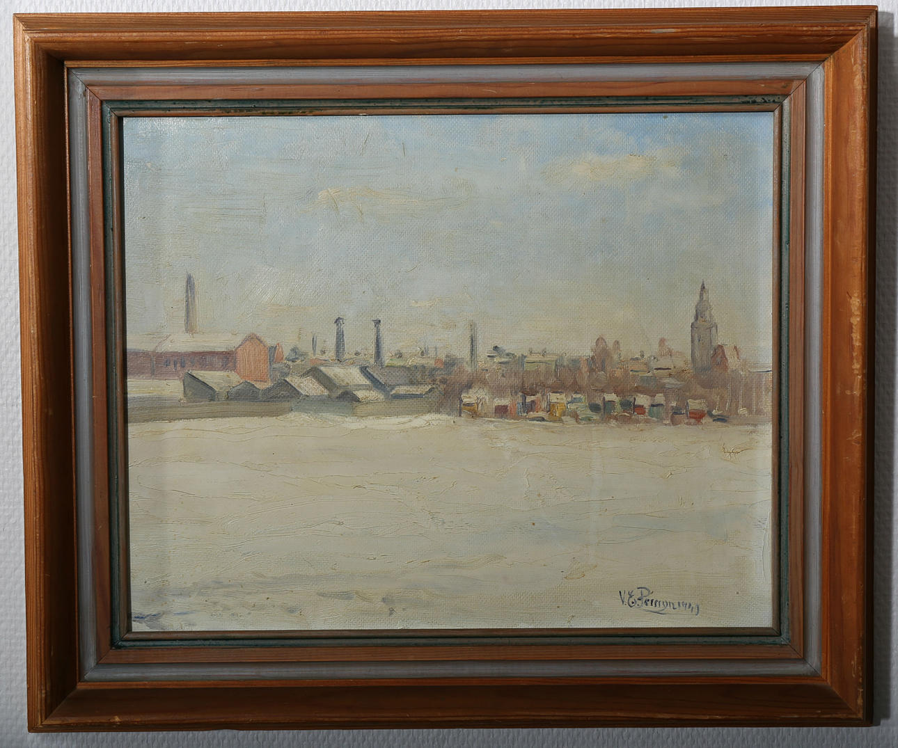 OIDENTIFIERAD KONSTNÄR. Olja på pannå, "Vinter i Malmö", signerad V E Persson, daterad 1949.