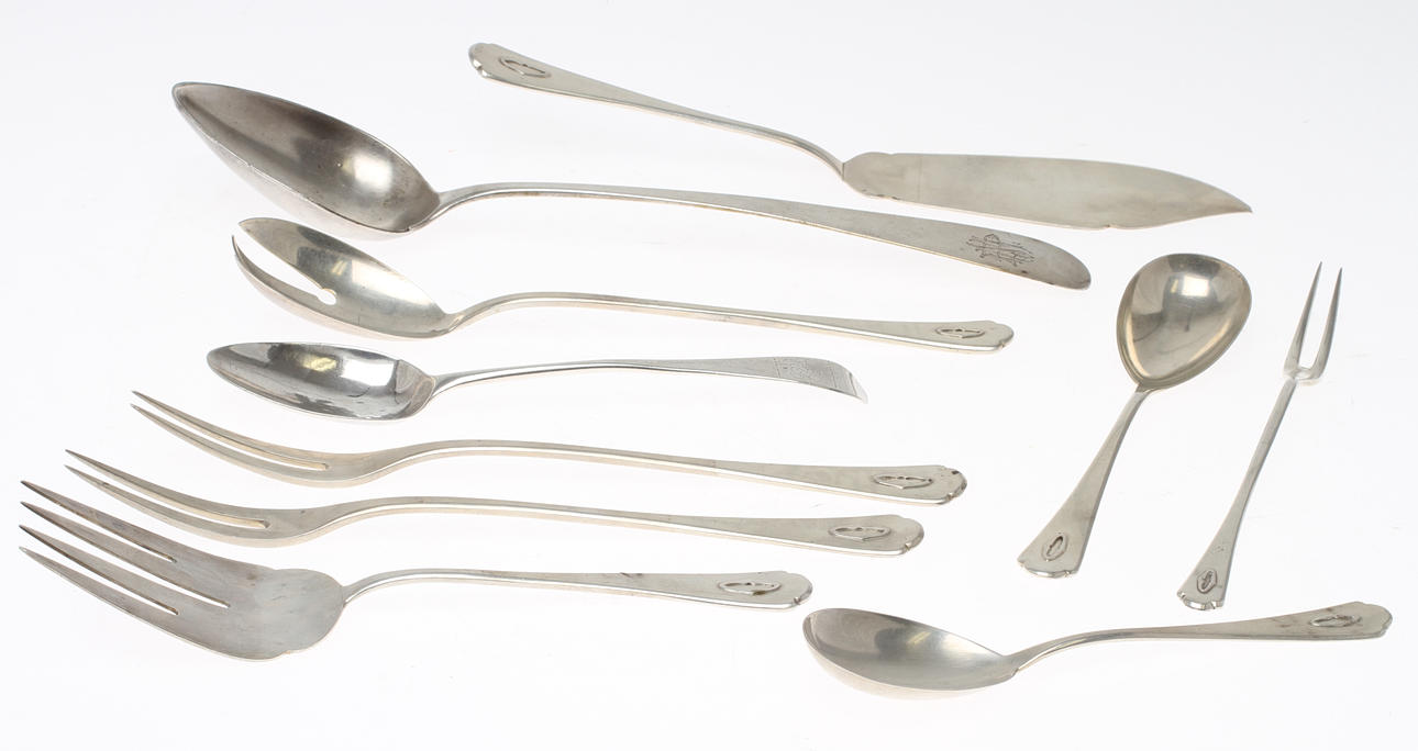 BESTIK, 10 dele, sølv, udenlandske stempler.