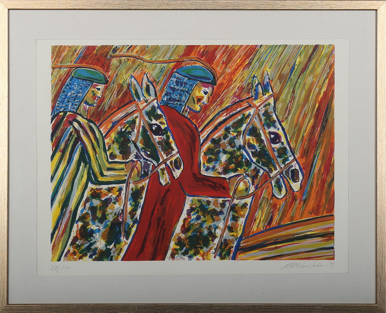 NILS ANDRÉ MALMSTRÖM. Ryttare till häst, färglitografi, Signerat NA Malmström.