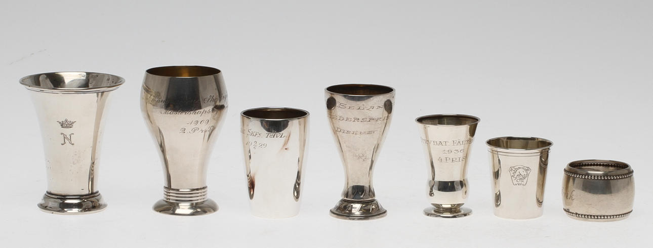 POKALER, 6 st SERVETTRING, silver, vikt ca 209 g.