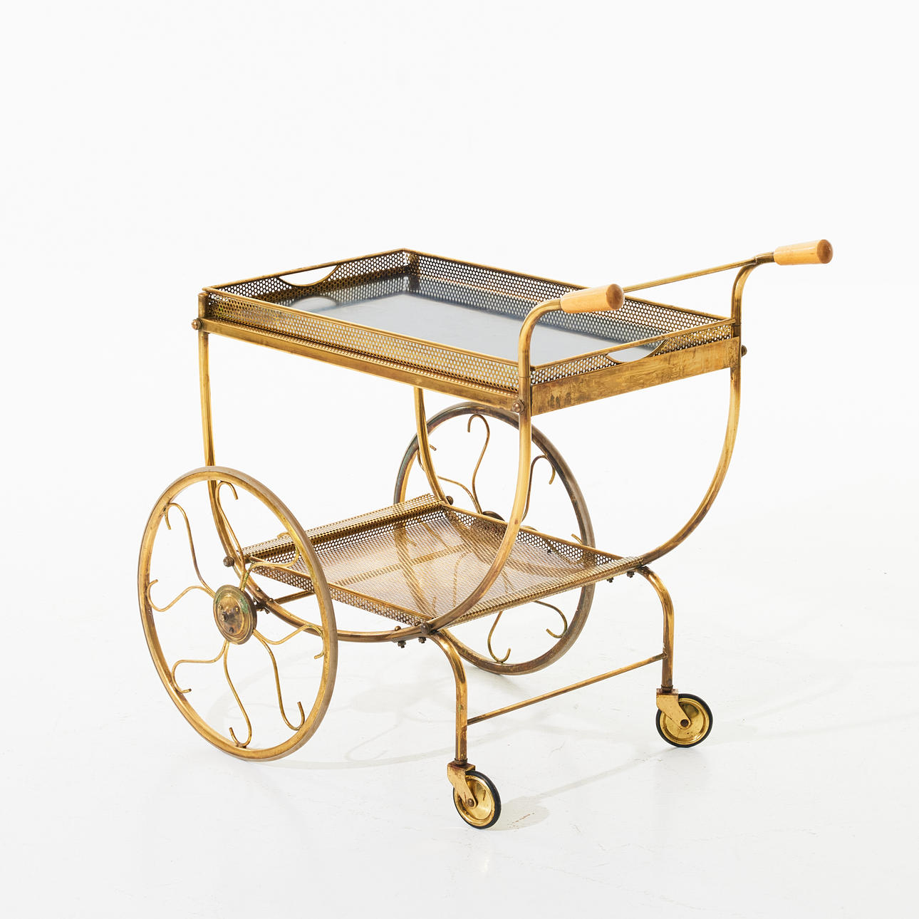 SERVING TROLLEY, mid-20th century, brass frame, removable tray.