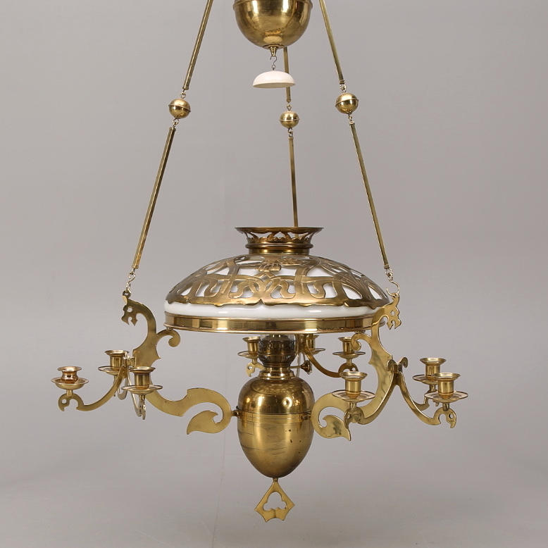 TAKFOTOGENLAMPA, jugend, mässing/glas, tidigt 1900-tal, höjd 137 cm.