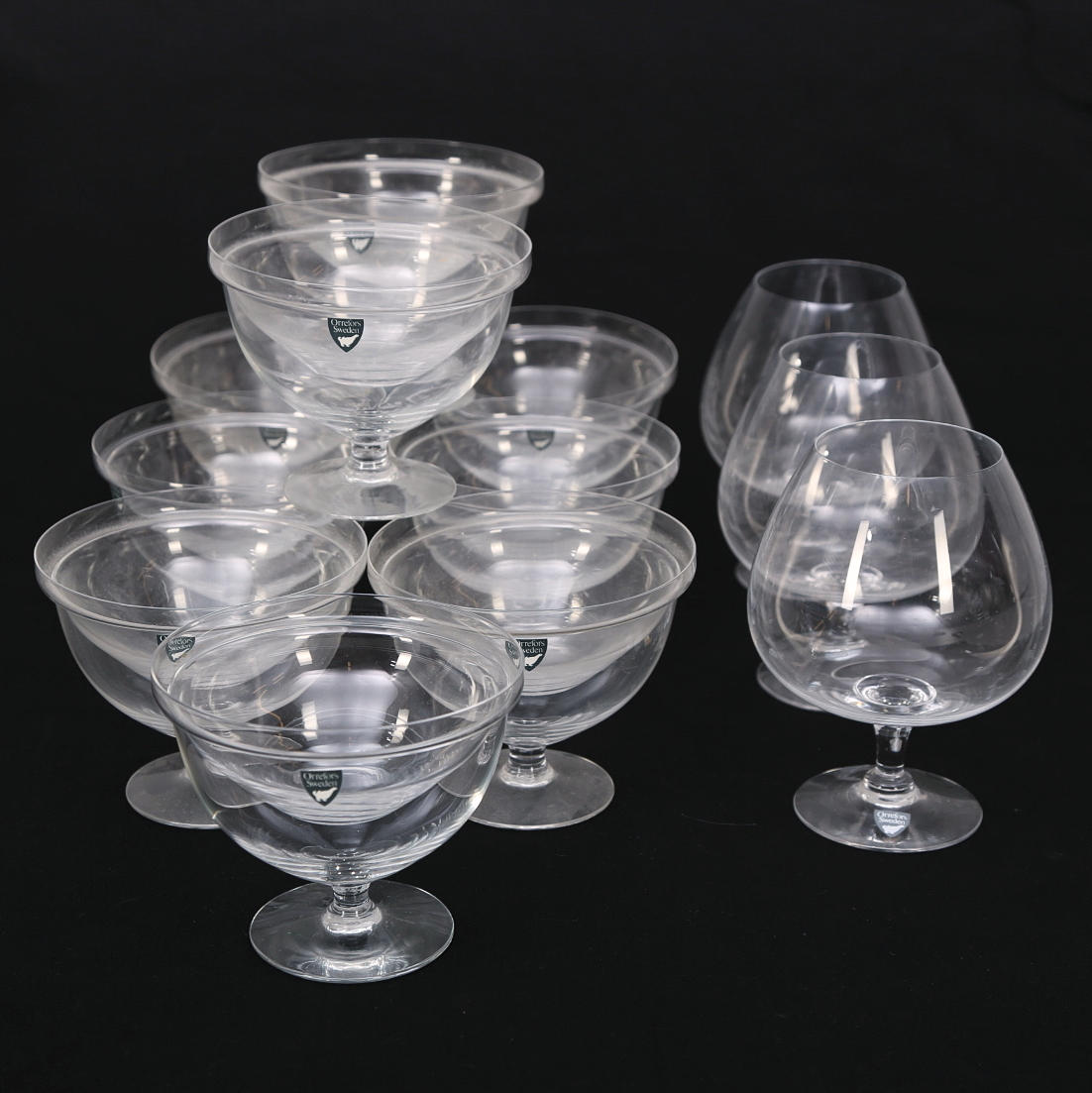 DESSERT-/COCKTAILSKÅLAR 9 st, + KONJAKSKUPOR 3 st, Orrefors.