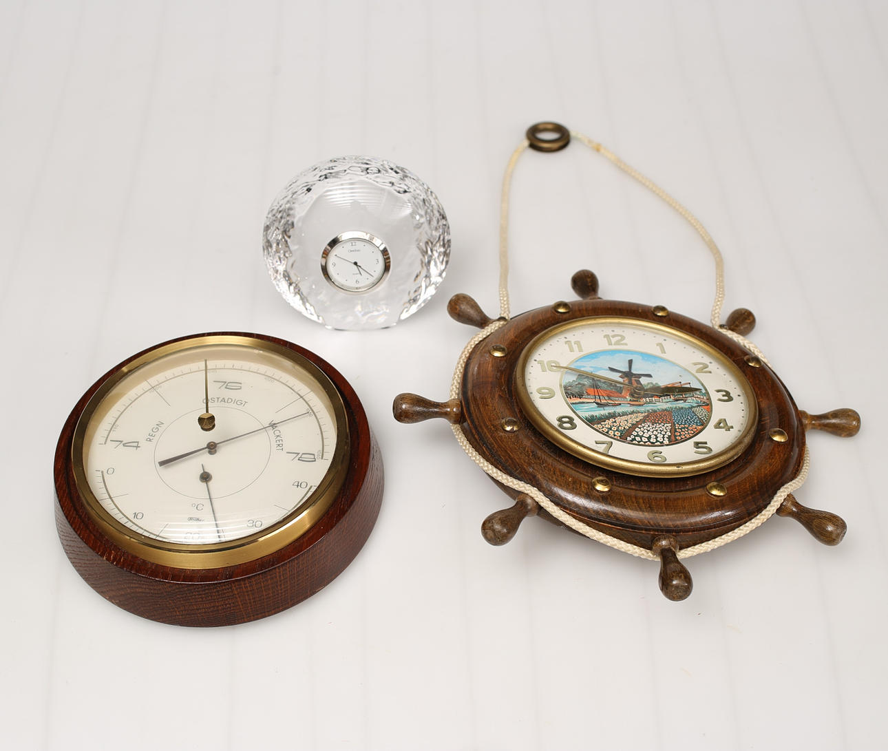BAROMETER, WALL CLOCK AND TABLE CLOCK, 3 parts.