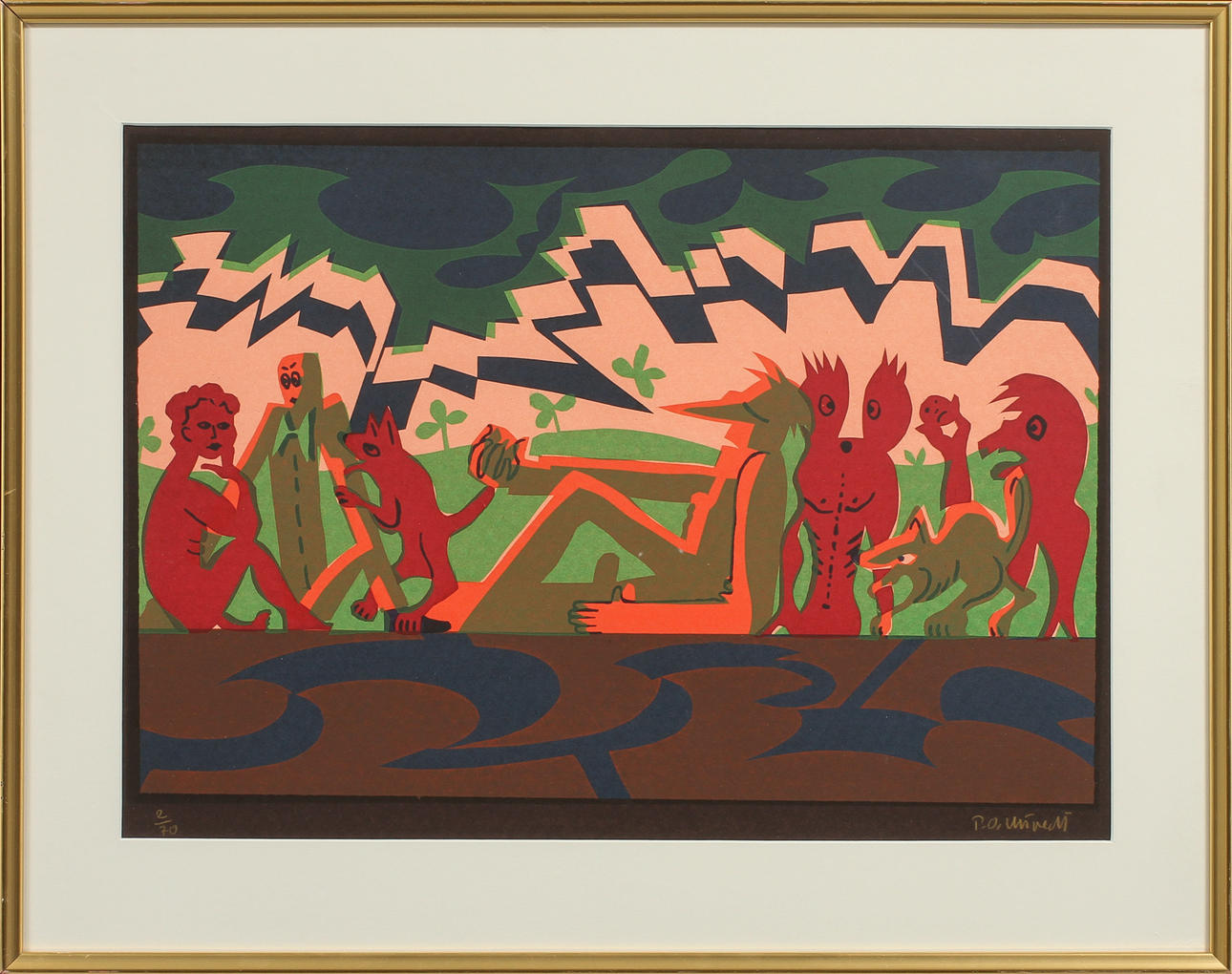 PER OLOF ULTVEDT. Komposition med figurer, färglitografi, signerad och numrerad 2/70.