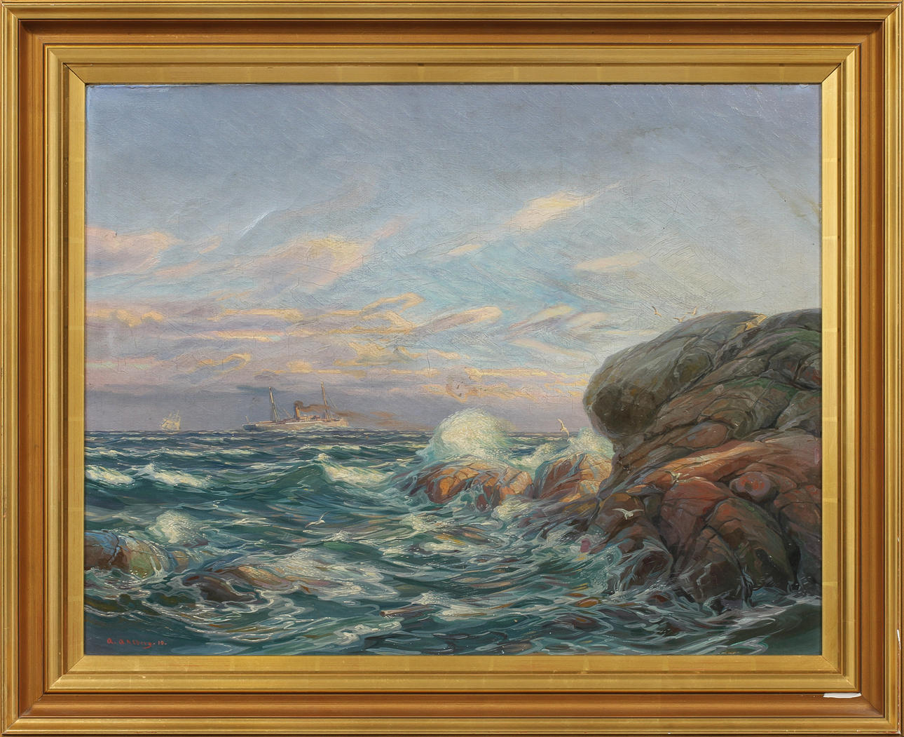 ARVID AHLBERG. Kustbild med fartyg, olja på duk, signerad.