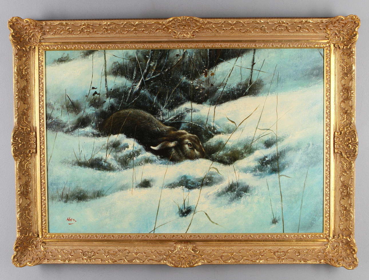 OIDENTIFIERAD KONSTNÄR. Hare i snö, olja på duk, signerad Holm, 1900-talets slut.