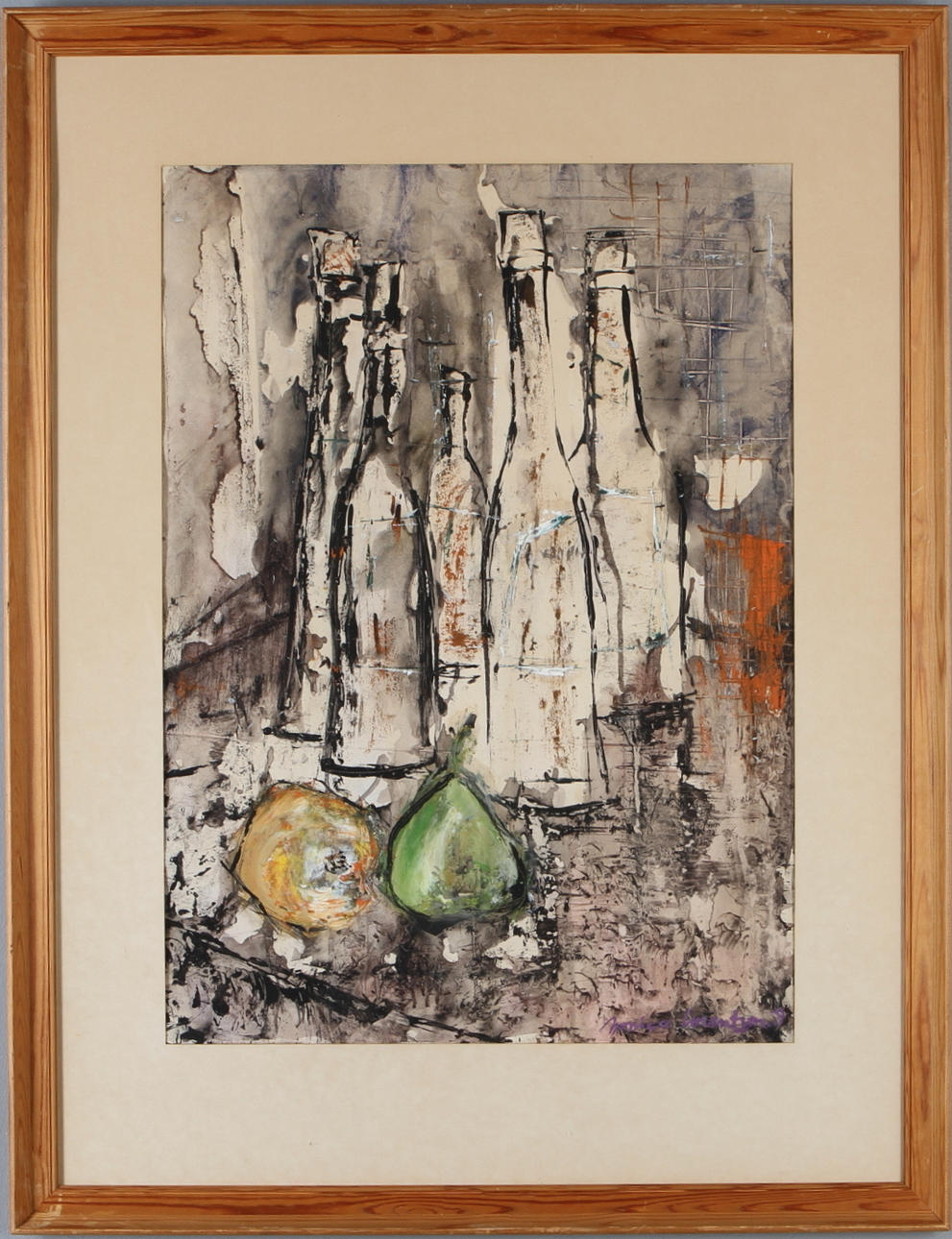 MONICA LORENTZON. Stilleben med flaskor, blandteknik, signerad, 1950-tal.