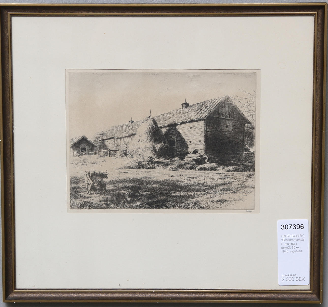 FOLKE GULLBY. "Sensommarkväll", etsning + torrnål, 30 ex, 1945. signerad.