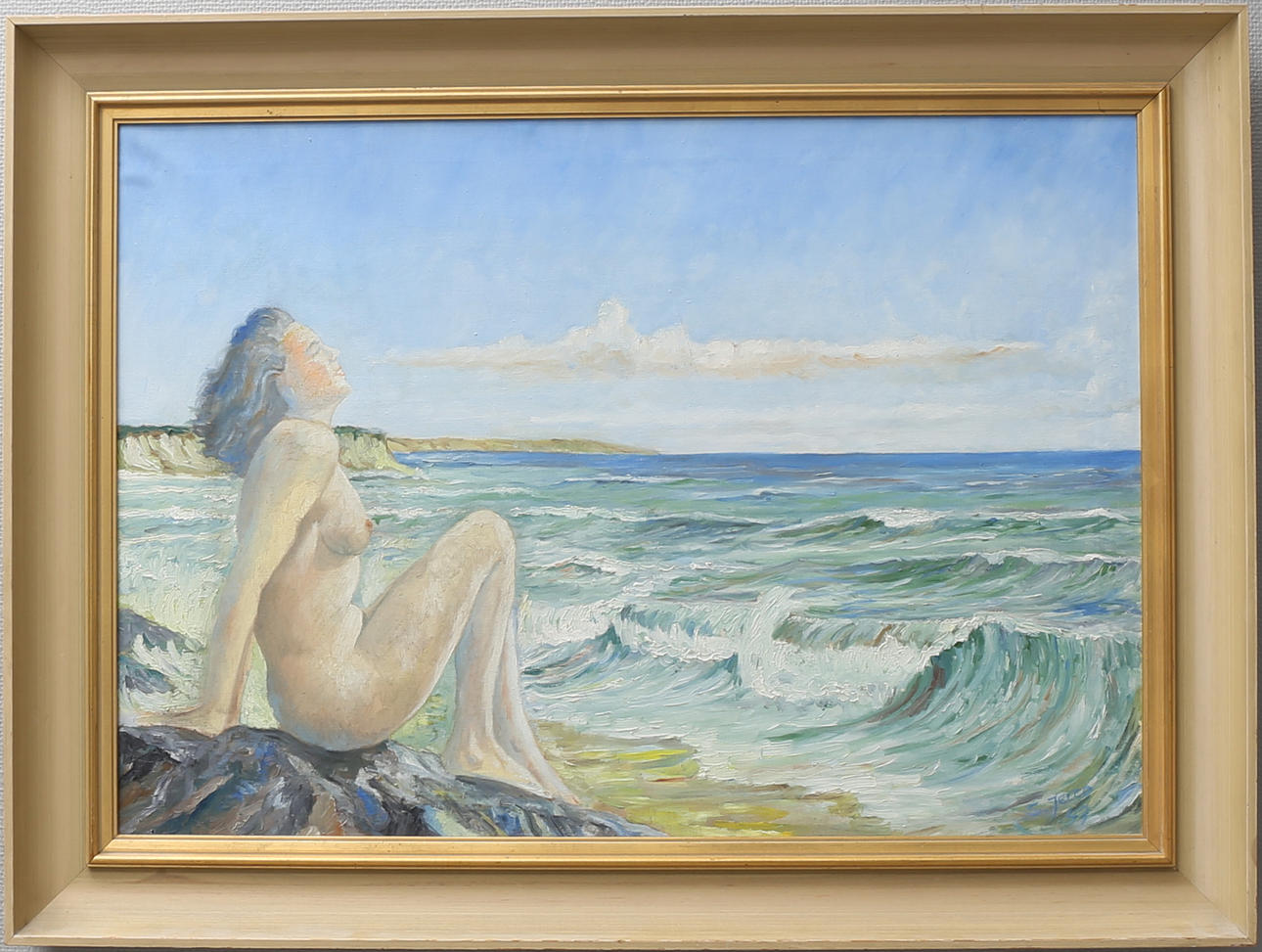 OIDENTIFIERAD KONSTNÄR. Naken kvinna vid kust. Olja på duk, signerad och daterad -47.