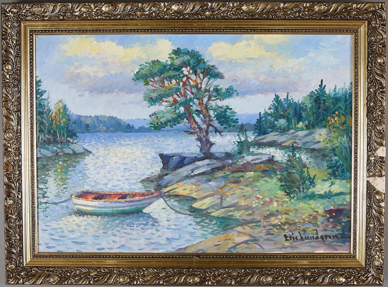 ERIC LUNDGREN. Strandmotiv med eka, olja på duk, signerad.