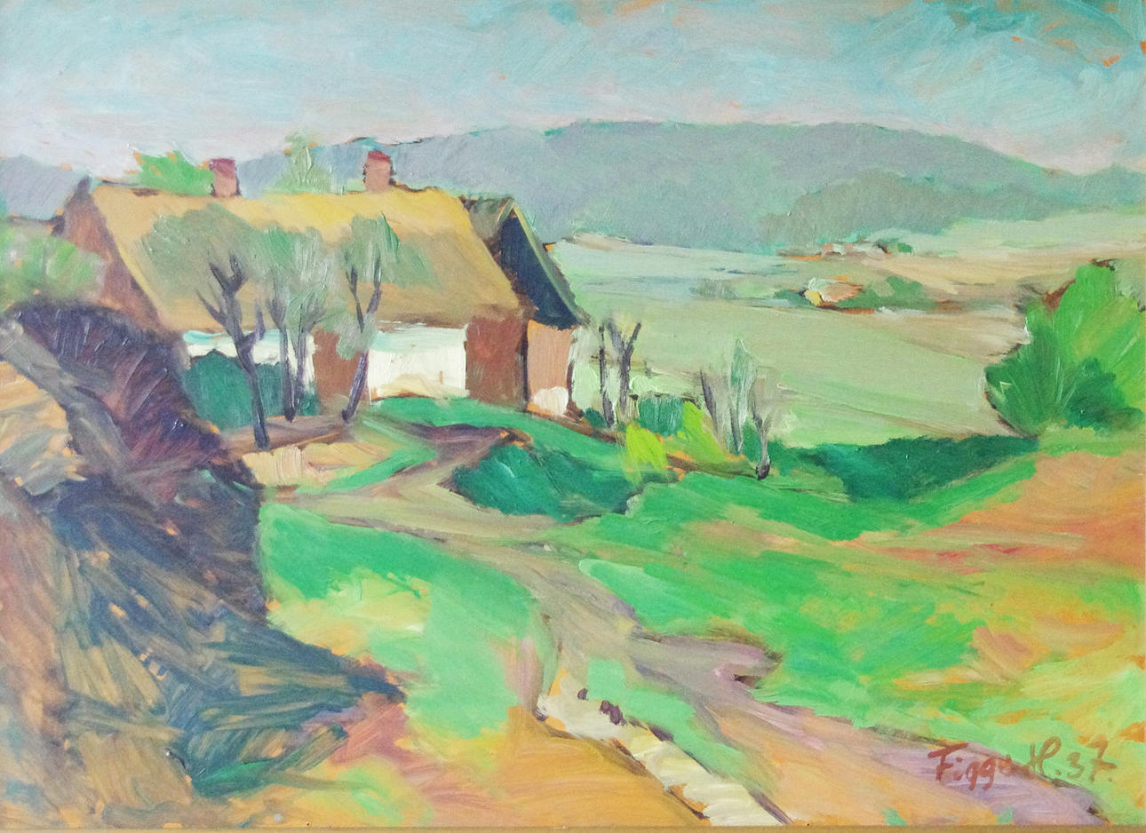 FIGGE HOLMGREN. Landskap med hus, olja på pannå, signerad Figge H. -37.