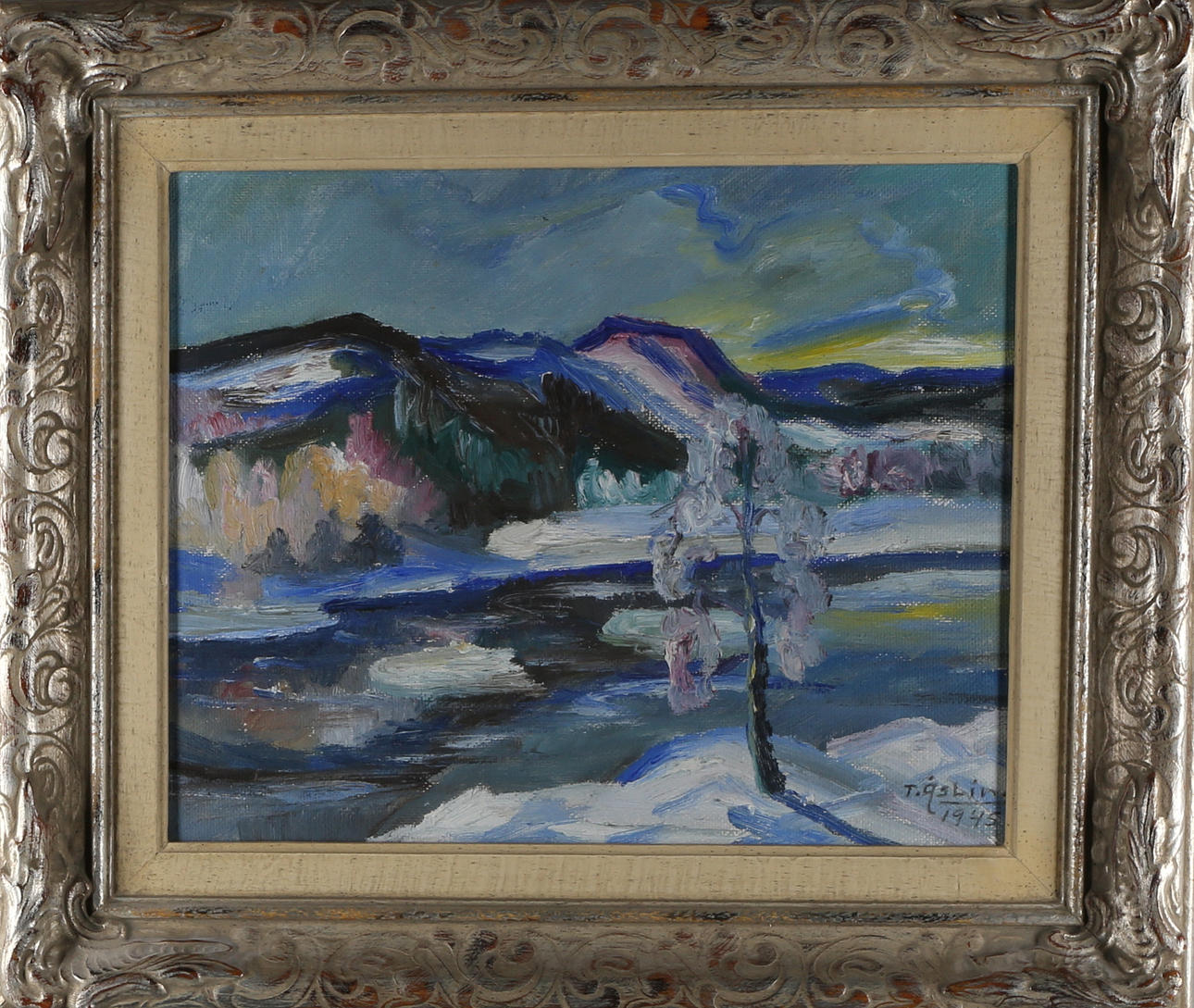 TAGE ÅSLIN. "Vattendal Jämtland", olja på masonite, signerad samt daterad 1945.