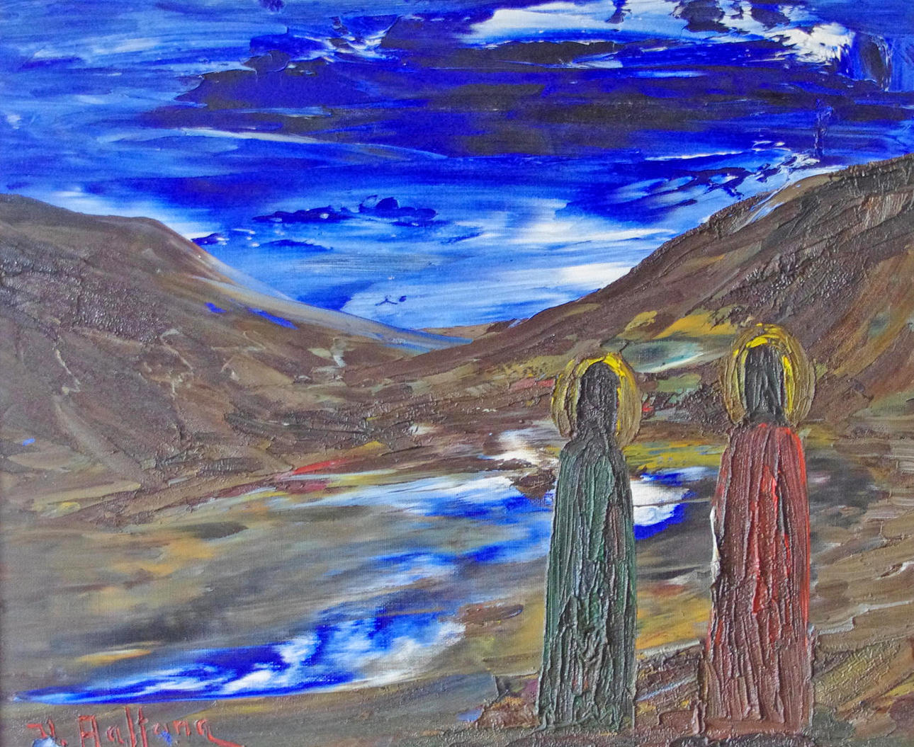 VEIKKO AALTONA. "Jesus & Petrus", olja på duk signerad V. Aaltona.