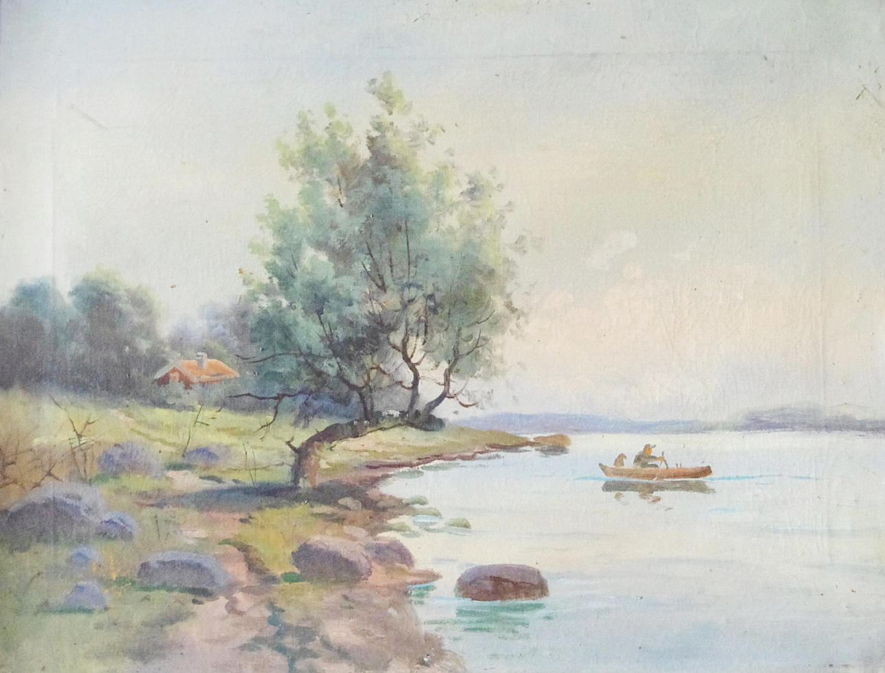 OIDENTIFIERAD KONSTNÄR. Man i roddbåt, olja på duk, 1800/1900-tal, osignerad.