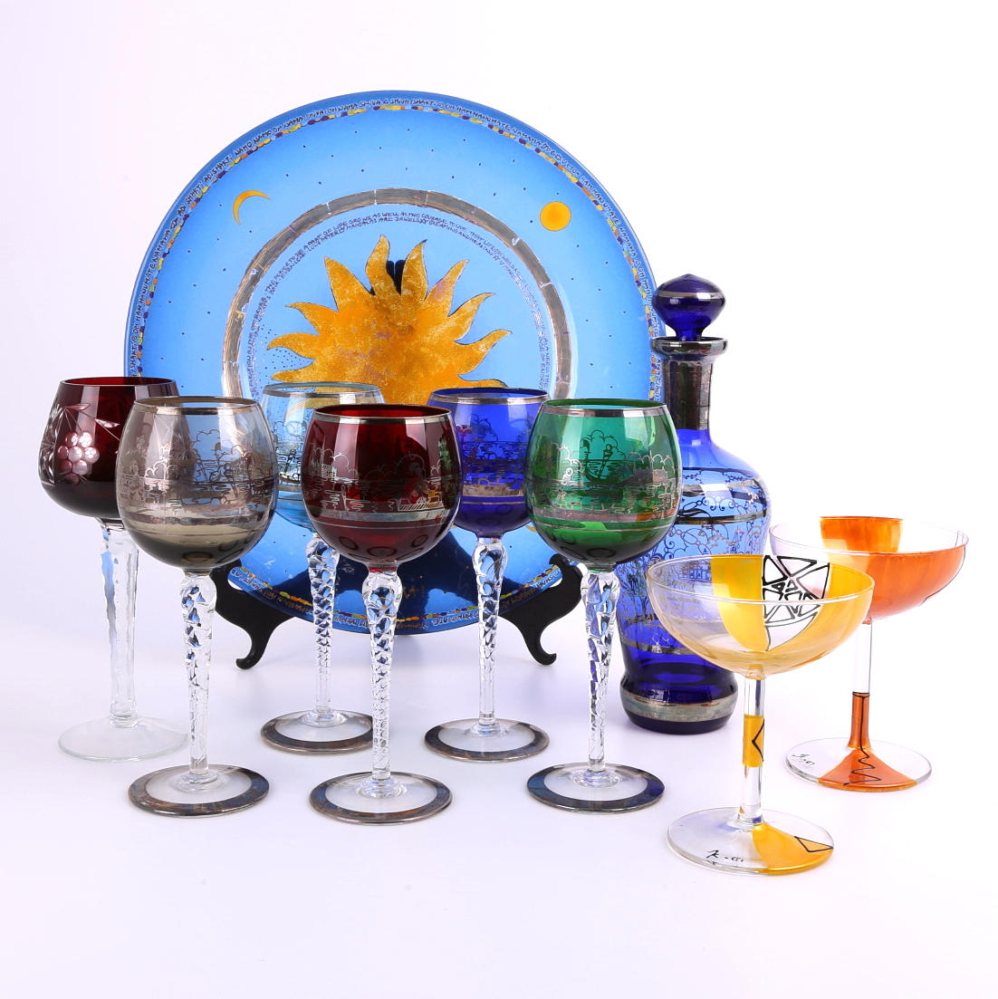 GLASFÖREMÅL, 10 st, glas, fat, karaff, färgat glas.