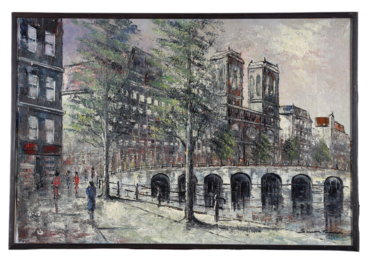 SIMONE KRAMER. Street motif with figures, oil on canvas, signed.