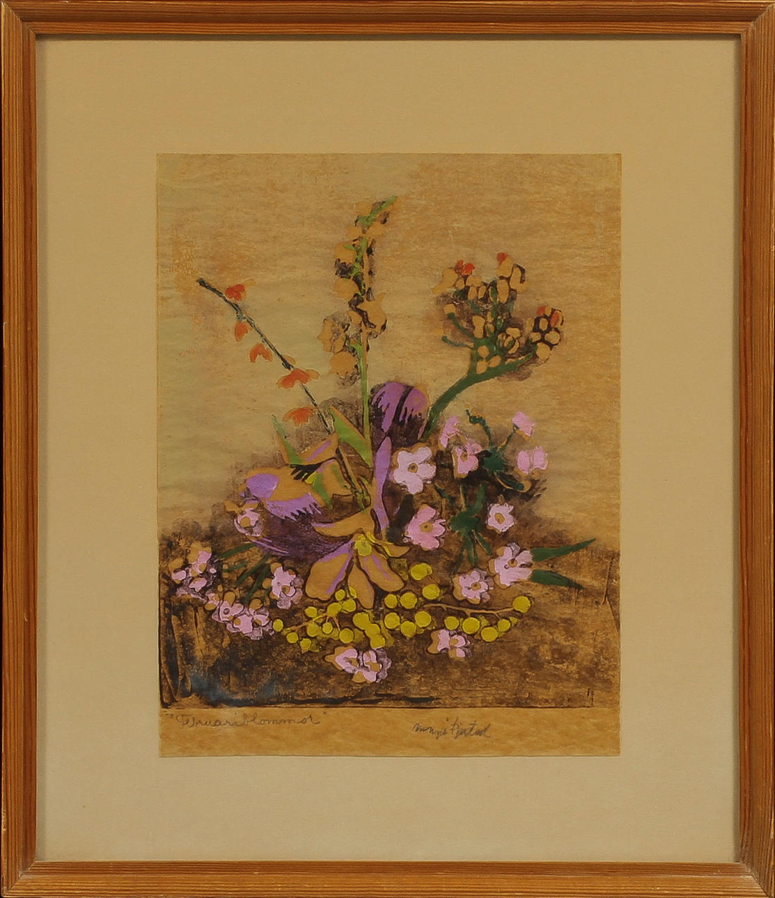 MAJA FJAESTAD. "Februariblommor", handkolorerat träsnitt, signerad.