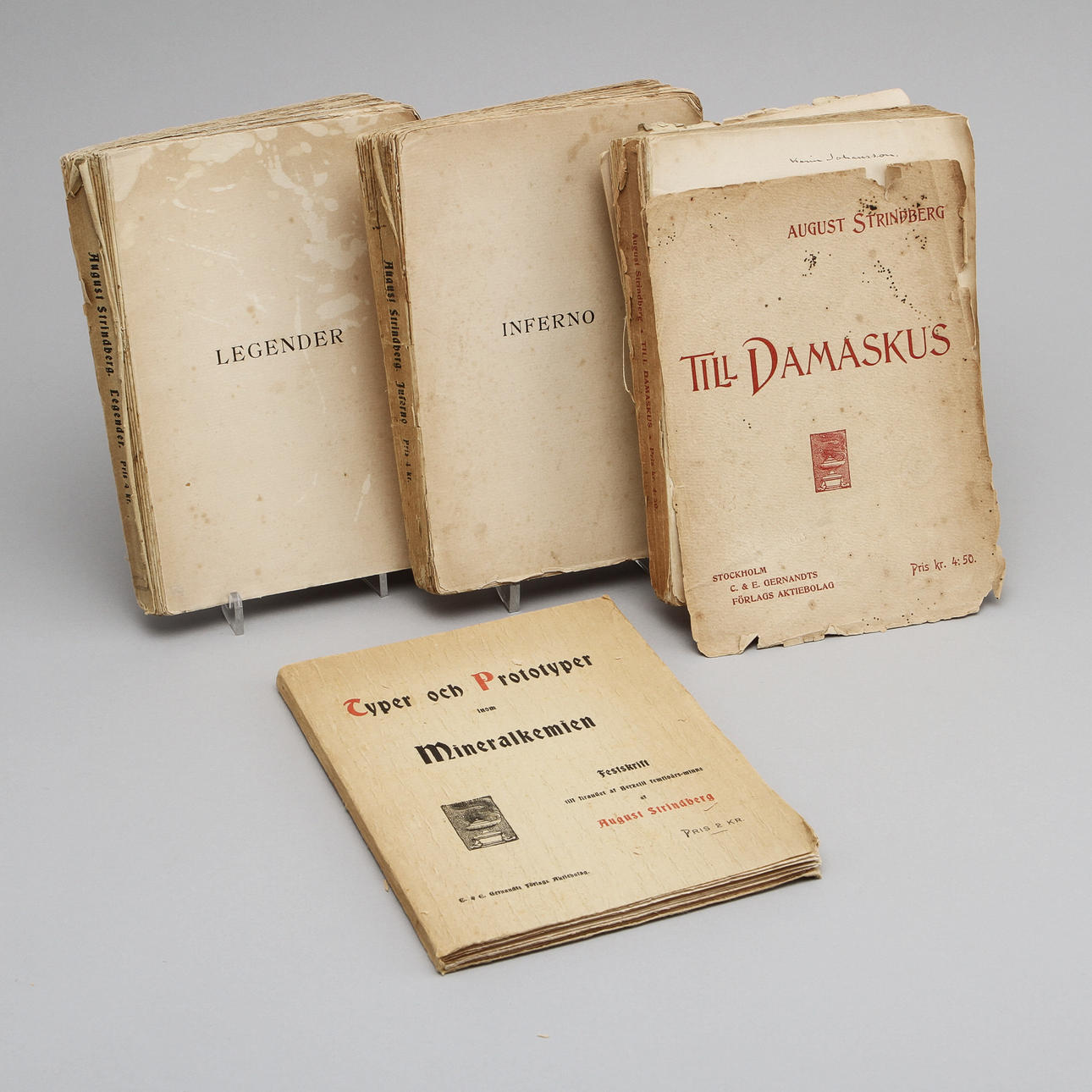 BOK, 4 vol, August Strindberg, "Inferno", "Till Damaskus", "Legender" samt "Typer och Prototyper inom mineralkemien" 1897-98.
