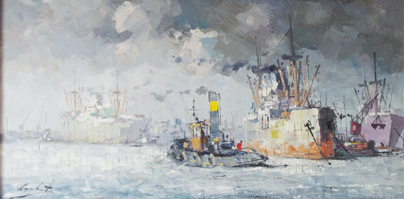 OIDENTIFIERAD KONSTNÄR. Hamnmotiv med båtar, olja på duk, otydligt signerad.
