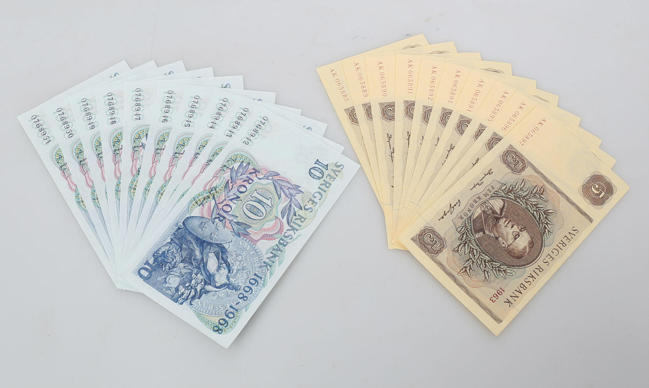 SEDLAR, 5:- och 10:-, 10+10 stycken, 1963 och 1968.