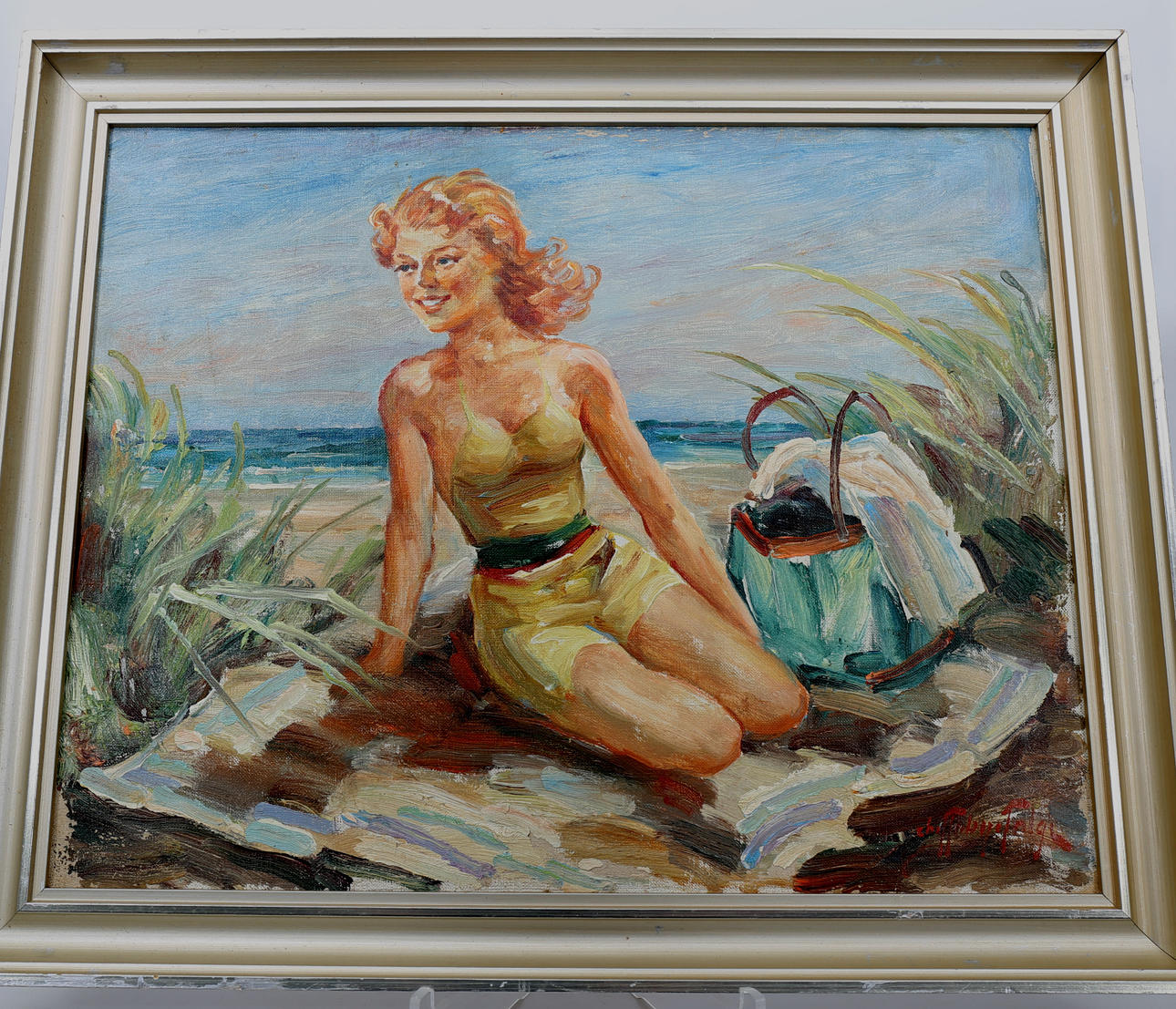 OIDENTIFIERAD KONSTNÄR. Olja på duk, Kvinna på stranden, signerad Chr P B Talge.