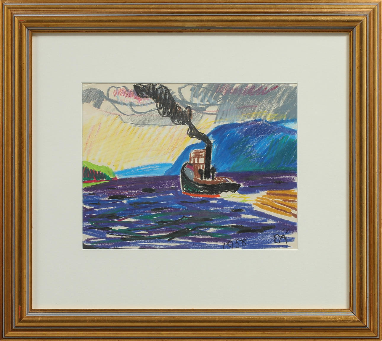 ERLING ÄRLINGSSON. Sjölandskap med båt, pastell, signerad och daterad 1958.