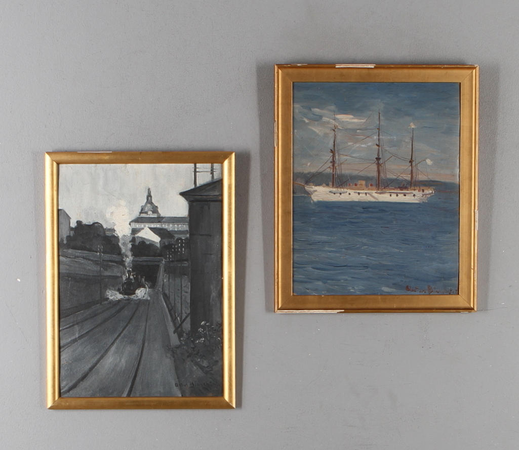 ARTUR BIANCHINI. 2 st, marint motiv samt stockholmsmotiv, olja på pannå. signerade.