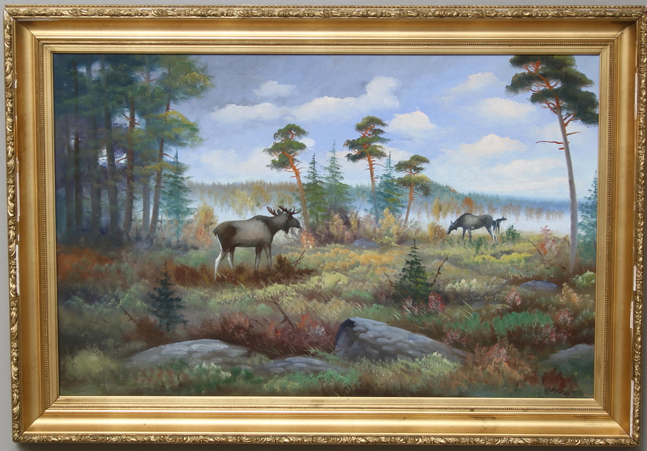 J.BERG. Tavla olja "älgar i skogsparti".