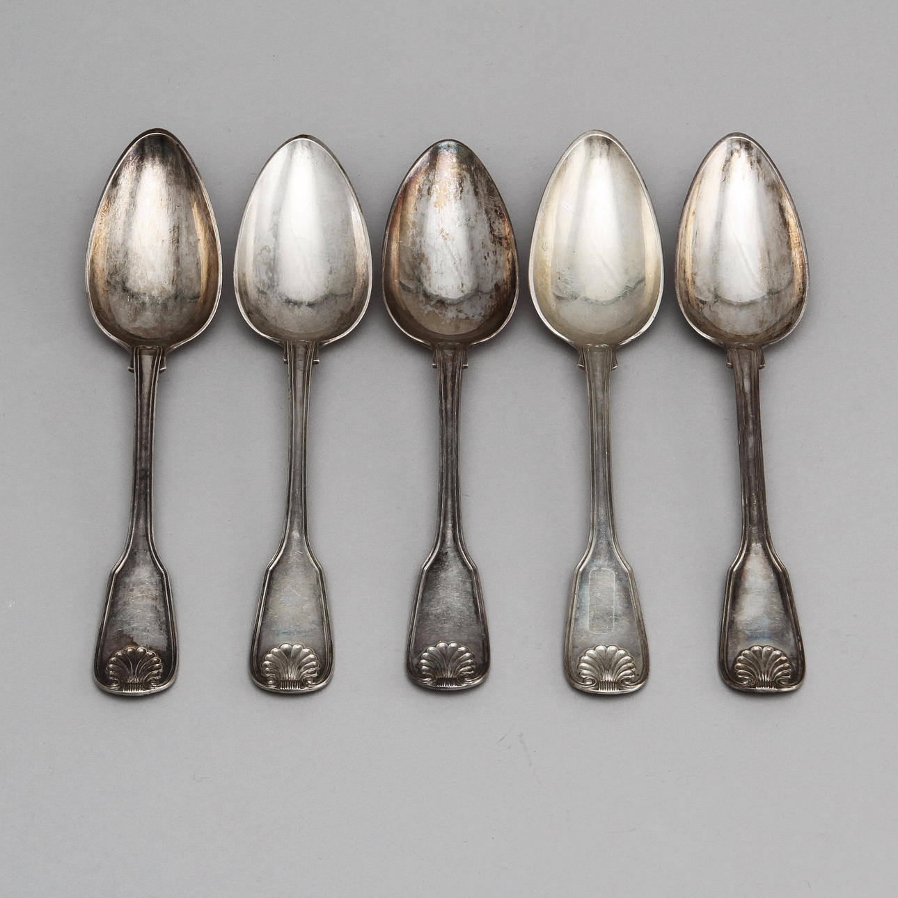 SKEDAR, 5 st, silver, "Snäck", Stockholm, Möllenborg, 1843, 44, 45, 51 Vikt 430 gram.