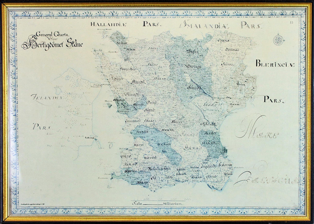 KARTA, Skåne, tryck efter landskapskarta omkring 1698.