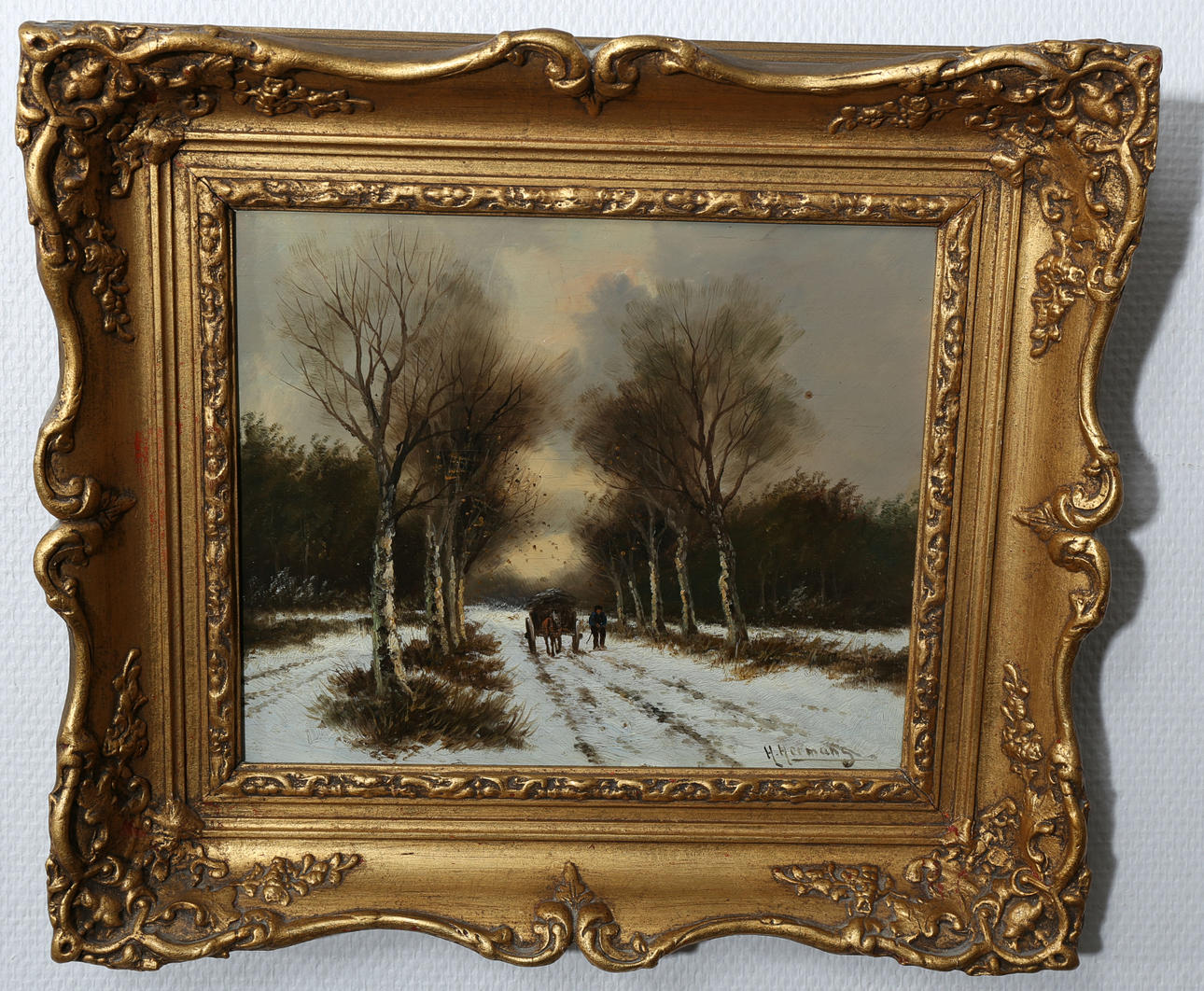 OIDENTIFIERAD KONSTNÄR. Olja på trä, Vinterbild, signerad, möjligen H Herman, 1800-1900-tal.