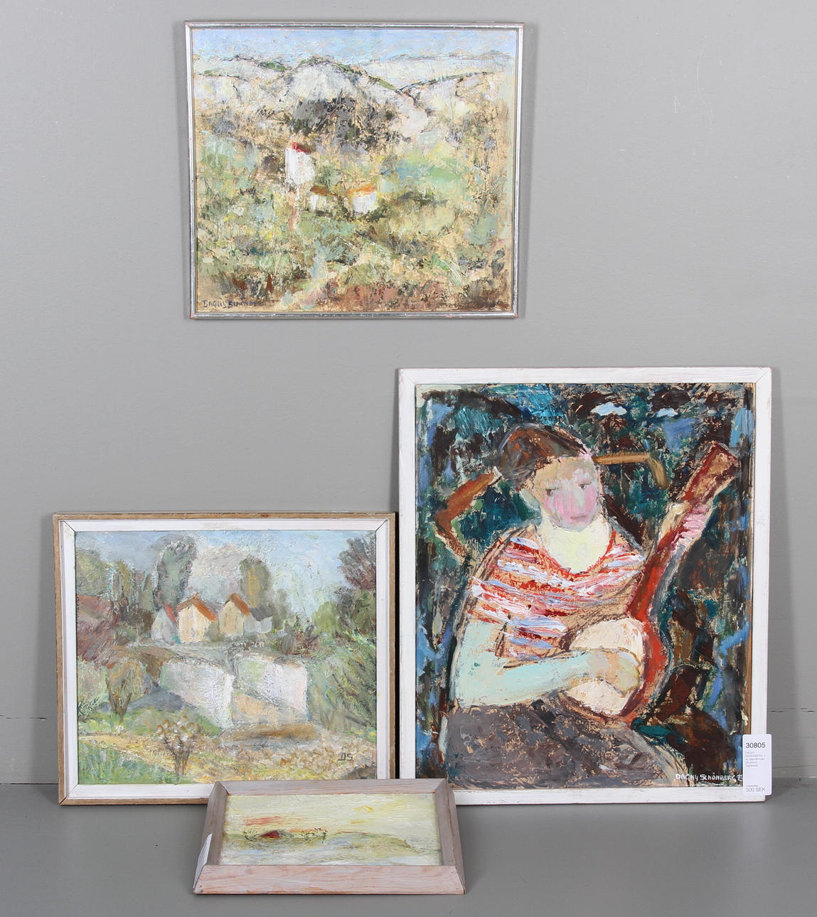 DAGNY SCHÖNBERG. 4 st, oljemålningar på pannå. Signerade.