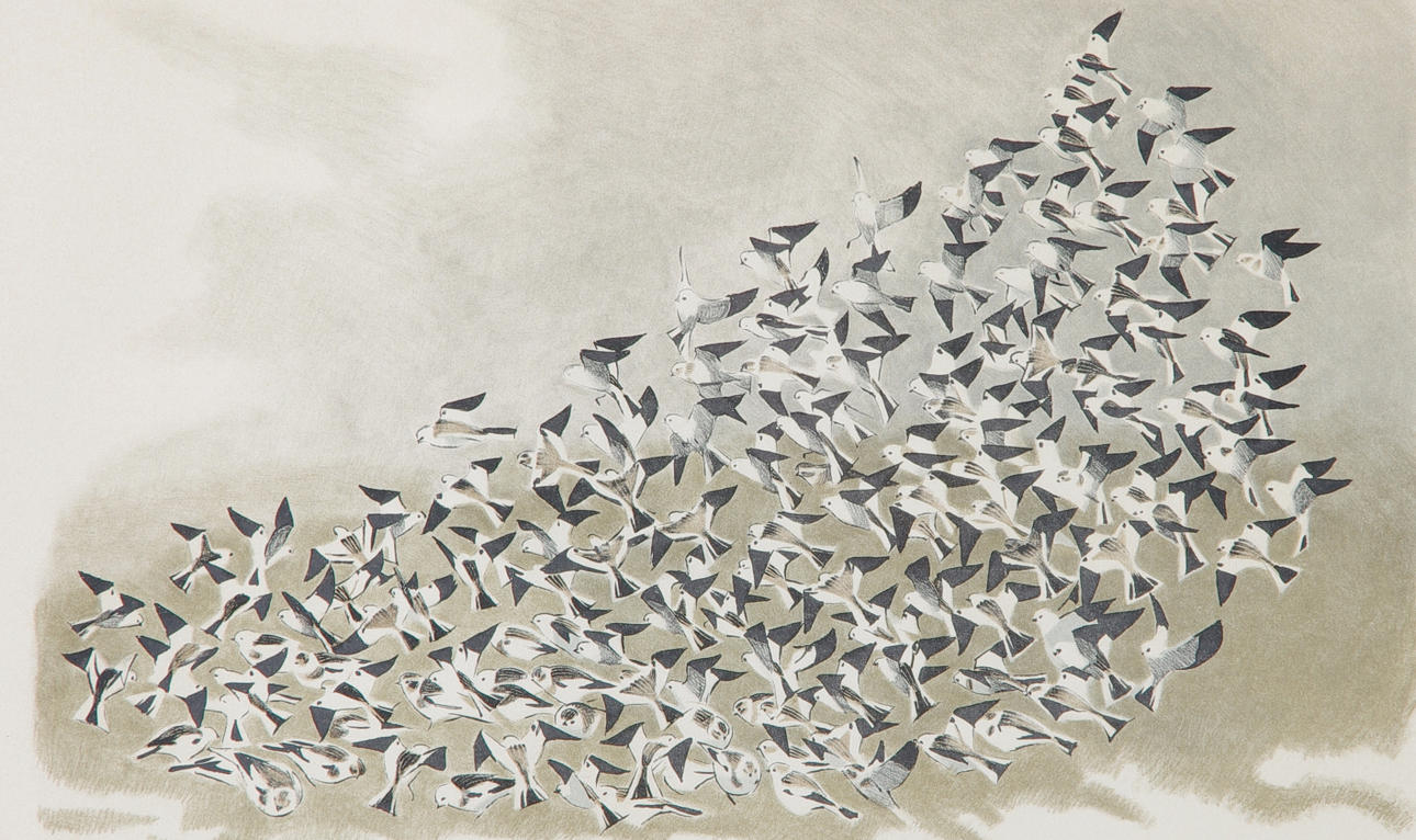 GUNNAR BRUZEWITS. Flyttfåglar, färglitografi, signerad G. Bruzewits.