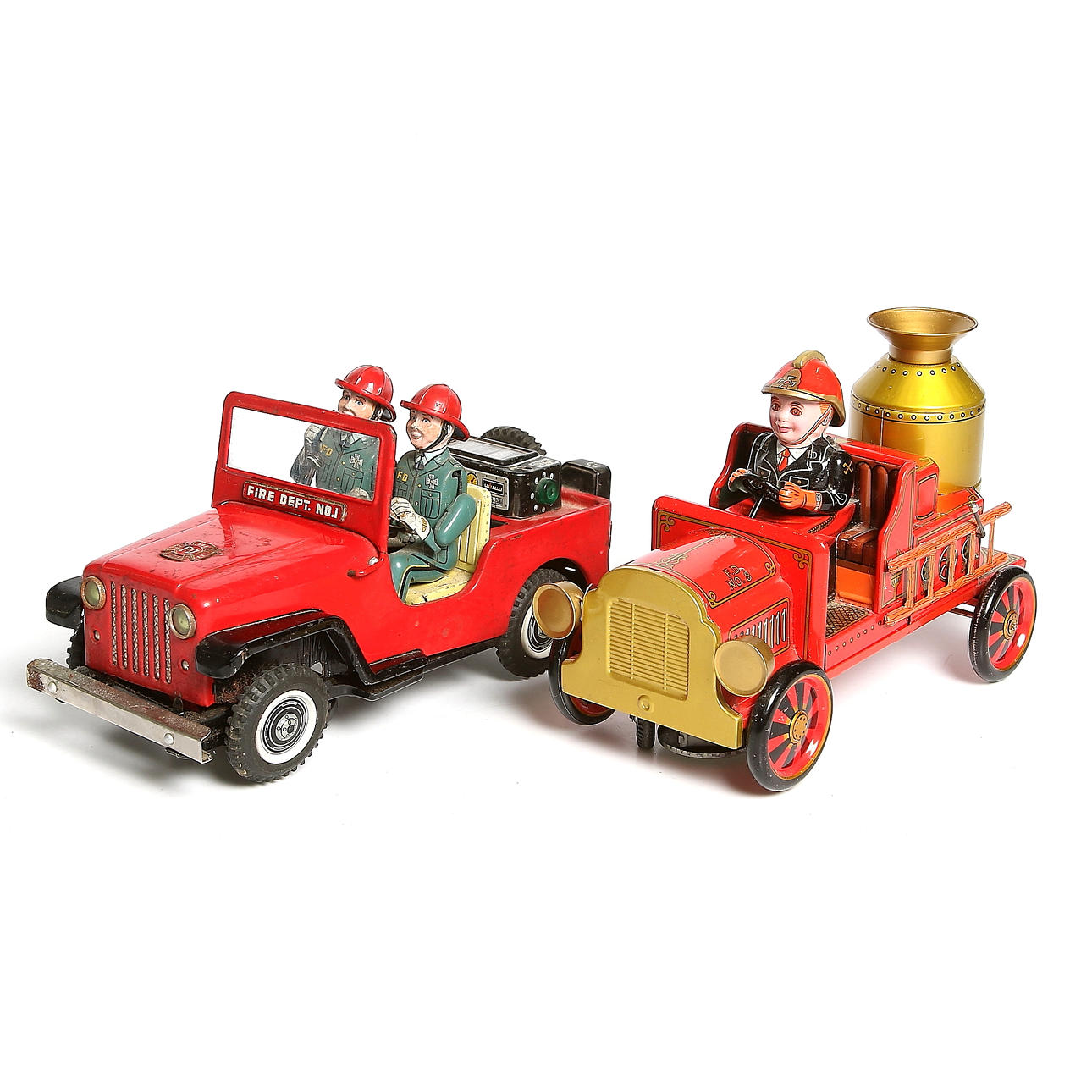 MODELLBILAR, plåt, "Brandbilar". T.N, Japan. 1900-talets mitt.