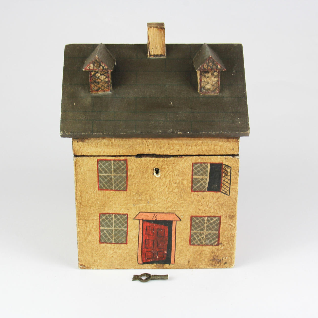 WOODEN HOUSE-SHAPED BOX.