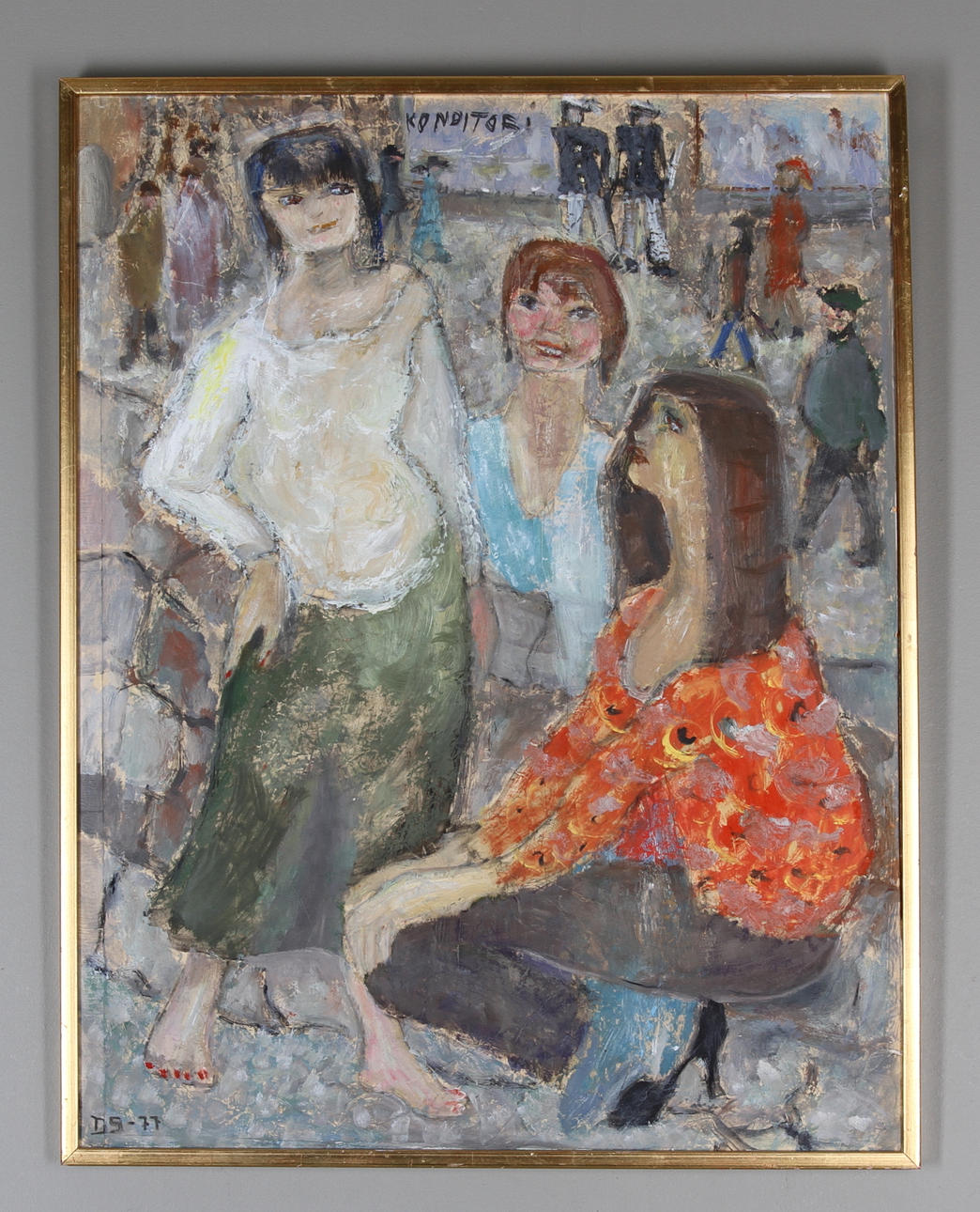 DAGNY SCHÖNBERG. Kvinnor på torg. Olja på papper uppklistrad på pannå, signerad och daterad -77.