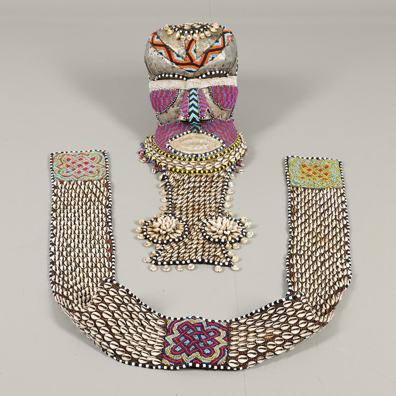 AFRICAN TRIBAL BEADED HEADDRESS & SASH.