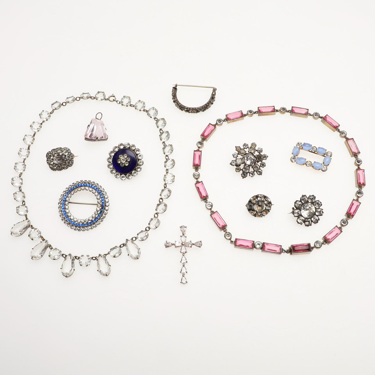 FIVE GEORGIAN SILVER AND PASTE BROOCHES, TWO PASTE NECKLACES ETC.